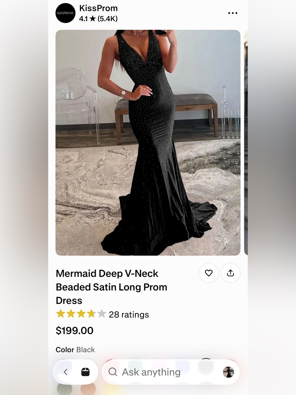 KissProm Black Beaded Satin Mermaid Gown